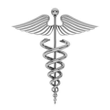 Gümüş tıbbi Caduceus sembolü. 3D render