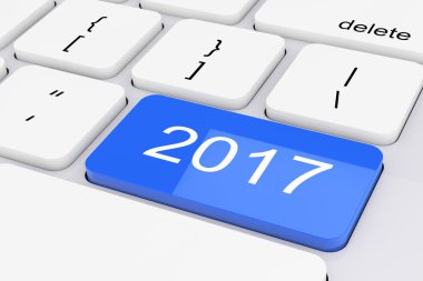 Mavi 2017 yeni yıl anahtar üstünde beyaz Pc klavye. 3D render