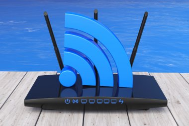 Kablosuz Wi-Fi Router okyanus önünde. 3D render