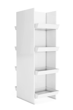 Beyaz Market raflarında ürünlerini gösteren rafları. 3D render