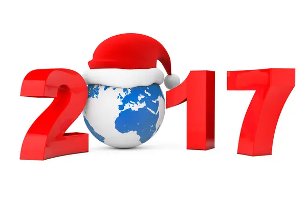 2017 Concetto di Capodanno. Babbo Natale sul globo terrestre. 3d Rendering — Foto Stock