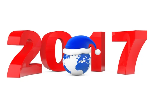 2017 Uuden vuoden konsepti. Santa Hat Maan päällä Globe. 3d renderöinti — kuvapankkivalokuva