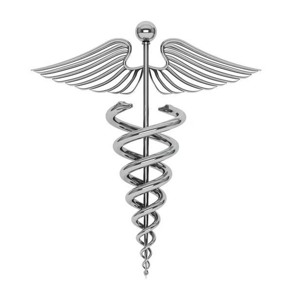 Symbol srebrny medycznych Kaduceusz. renderowania 3D — Zdjęcie stockowe