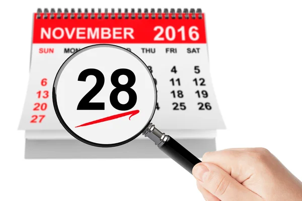 Cyber Monday Concept. 28 novembre 2016 calendario con lente di ingrandimento — Foto Stock