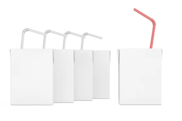 Cajas de cartón de leche o jugo en blanco con paja rayada. Renderina 3d — Foto de Stock