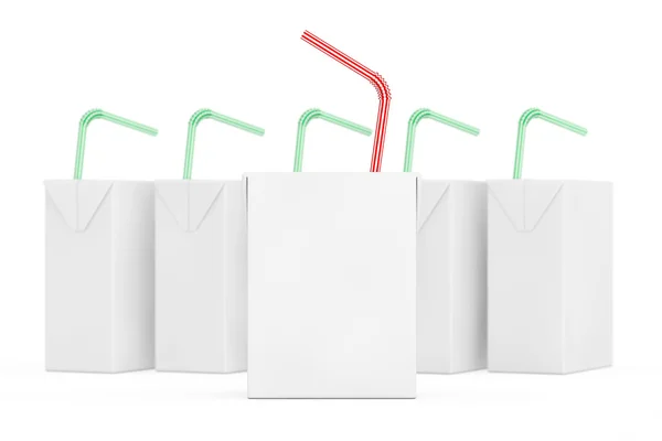 Cajas de cartón de leche o jugo en blanco con paja rayada. Renderina 3d — Foto de Stock