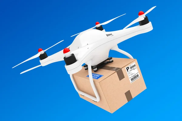Concepto de envío de Percel. Drones Quadrocopter entregando un paquete —  Fotos de Stock