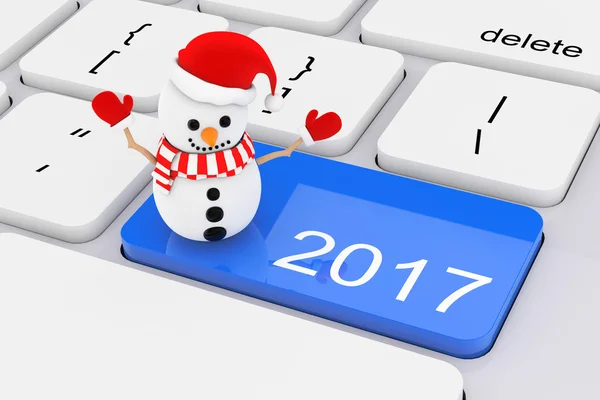 Llave de año nuevo azul 2017 con muñeco de nieve en el teclado blanco de la PC. 3d Ren —  Fotos de Stock