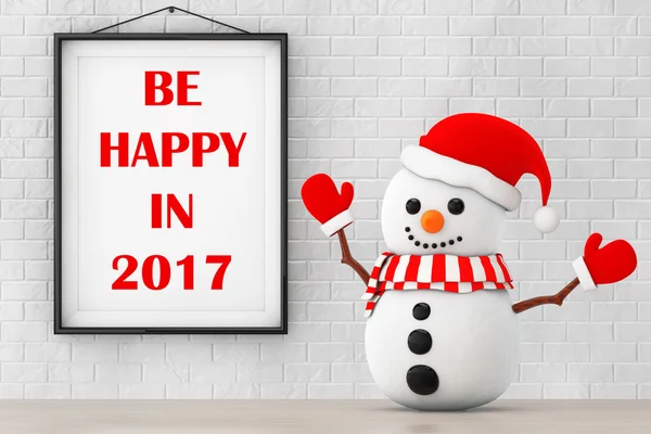 Snowman in front of Brick Wall with Frame Be Happy In 2017 Sign.