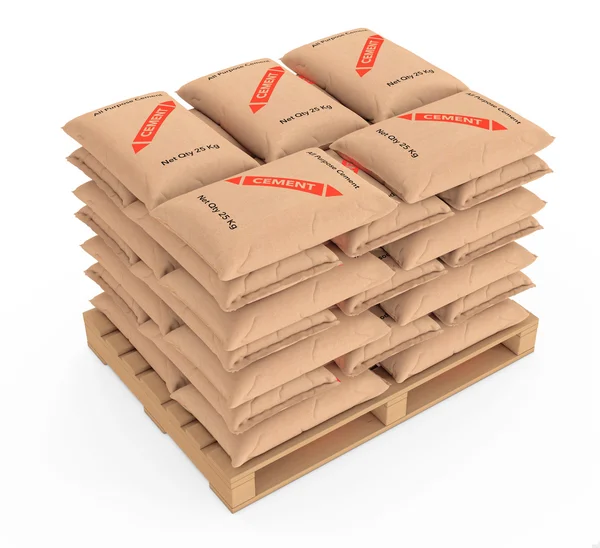 Pappersbunten säckar Cement väskor över träpall. 3D Renderin — Stockfoto
