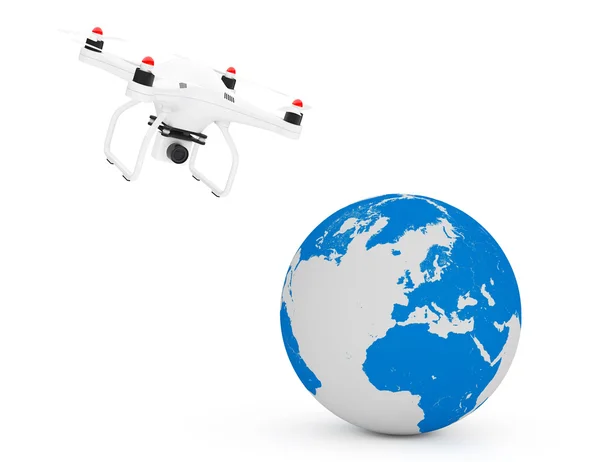 Quadrocopter Drone Flying Near Earth Globe. Renderização 3d — Fotografia de Stock