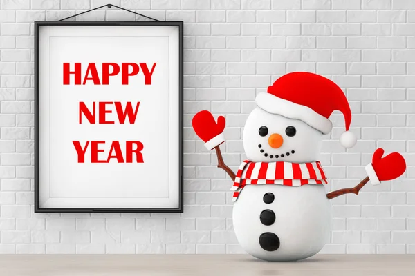 Schneemann vor Ziegelmauer mit Rahmen frohes neues Jahr Zeichen. 3 — Stockfoto