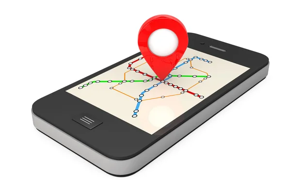 Navigation via Smartphone. Location Pointer on Phone with Abstra — Stock Photo, Image