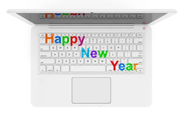 Laptop bianco con felice anno nuovo segno. 3d Rendering — Foto Stock
