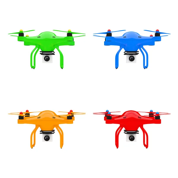 Droni quadrocopter multicolore con fotocamera fotografica. 3d Rendering — Foto Stock