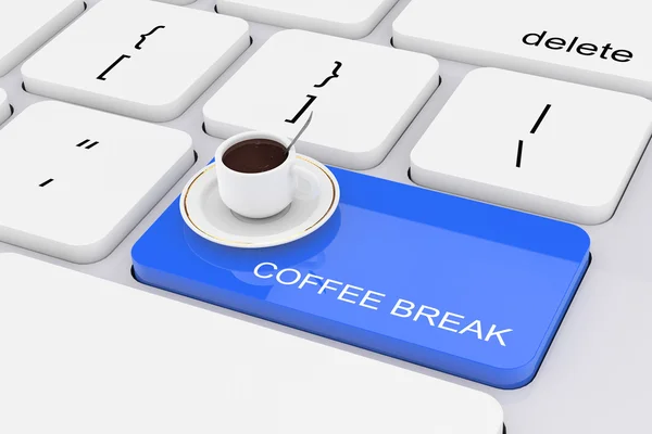 Blaue Kaffeepause-Taste auf weißer PC-Tastatur. 3D-Darstellung — Stockfoto