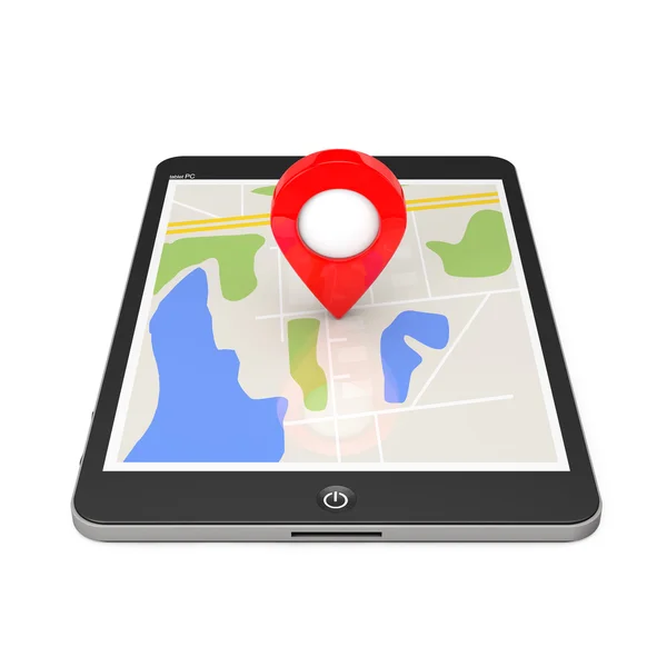 Nawigacja za pomocą tabletu Pc. Lokalizacja wskaźnik na komputerze Tablet Pc z mapą — Zdjęcie stockowe