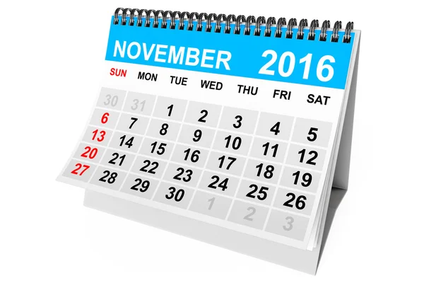Kalendarz listopad 2016. renderowania 3D — Zdjęcie stockowe