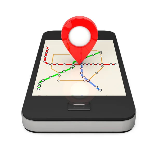 Navigation via Smartphone. Location Pointer on Phone with Abstra — Stock Photo, Image