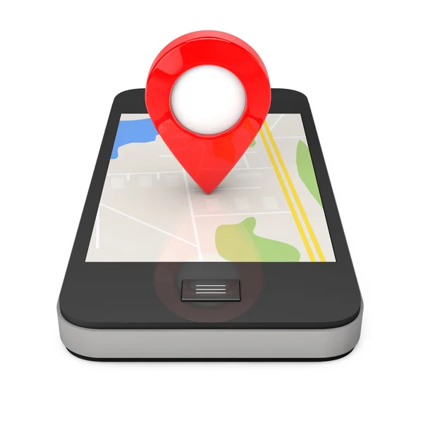 Navigation via Smartphone. Location Pointer on Phone with Map. 3 — Stock Photo, Image