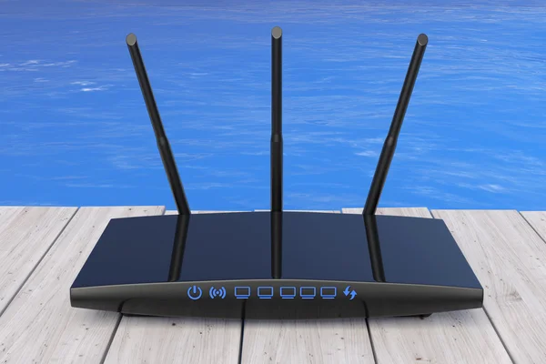 Vezeték nélküli Wi-Fi Router előtt óceán. 3D-leképezés — Stock Fotó