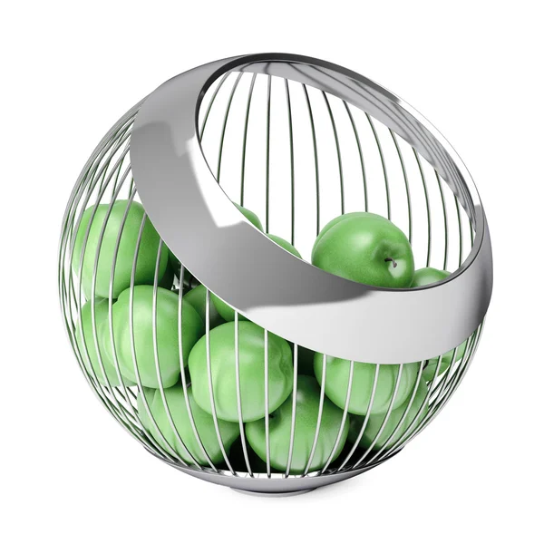 Zelená jablka v Chrome Steel Wire váza. 3D vykreslování — Stock fotografie