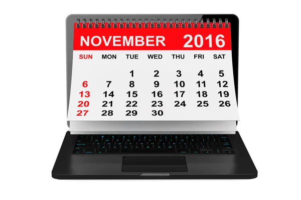 November 2016 calendar over laptop screen. 3d rendering — Stock Photo, Image