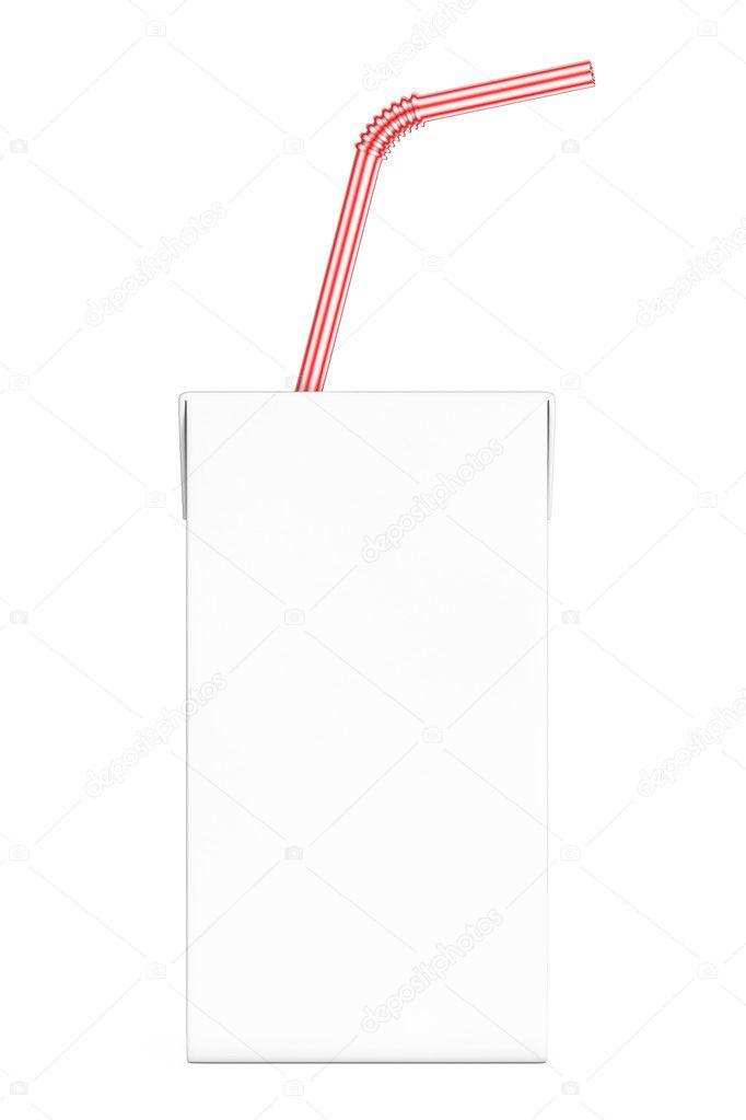 Blank Milk or Juice Carton Box with Red Striped Straw. 3d Render