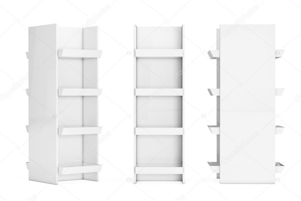 White Market Racks Shelves Showing Products. 3d Rendering