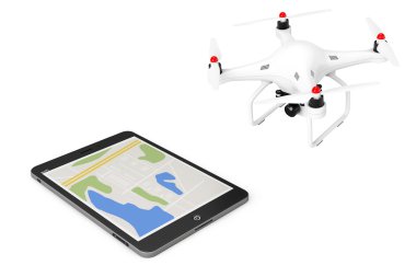 Beyaz Quadrocopter drone ile Tablet Pc. 3d Re yakınındaki fotoğraf makinesi