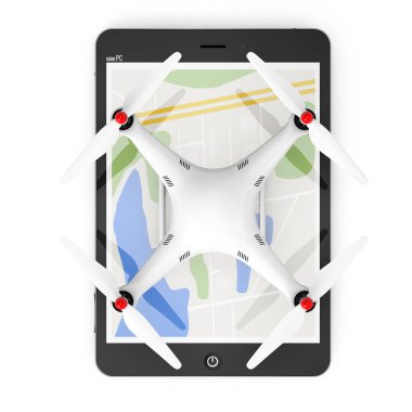 Beyaz Quadrocopter drone ile Tablet Pc. 3d Re üzerinde fotoğraf makinesi