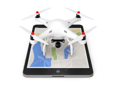 Beyaz Quadrocopter drone ile Tablet Pc. 3d Re üzerinde fotoğraf makinesi