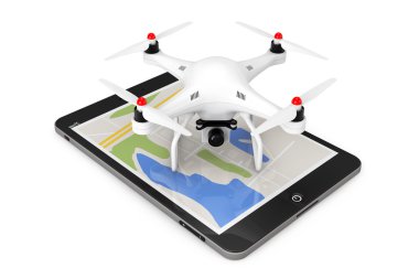 Beyaz Quadrocopter drone ile Tablet Pc. 3d Re üzerinde fotoğraf makinesi