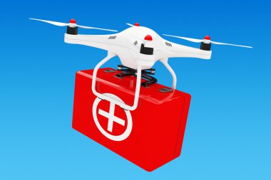 İlk yardım kiti ile beyaz Quadrocopter dron. 3D render