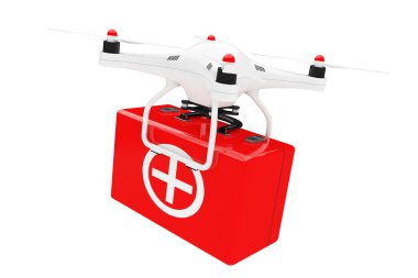 İlk yardım kiti ile beyaz Quadrocopter dron. 3D render