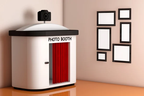Cabina fotografica di fronte al muro con cornici bianche. 3d Rende — Foto Stock