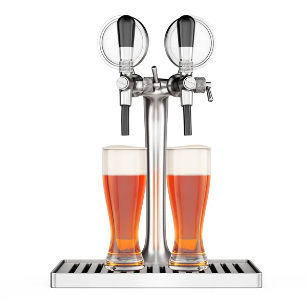 Bar Beer Tap com copos de cerveja close-up. Renderização 3d — Fotografia de Stock