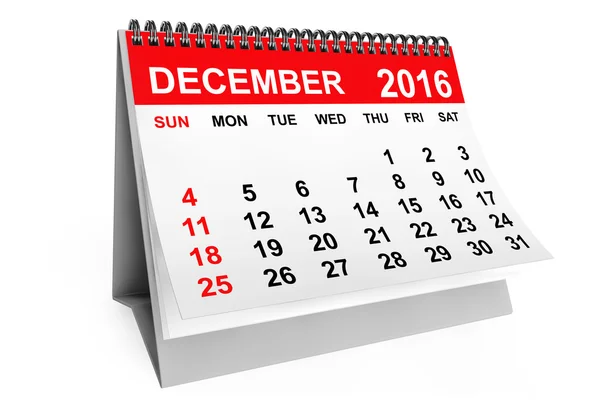 2016 年 12 月的日历。3d 渲染 — 图库照片