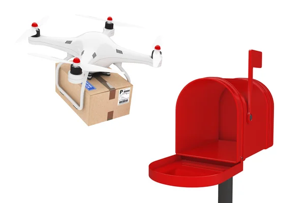 Parcel Shipping Concept. Quadrocopter Drones Delivering a Parcel — Stock Photo, Image
