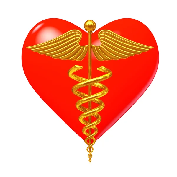 Simbolo del Caduceo Medico d'Oro davanti al Cuore Rosso. 3d Rendering — Foto Stock