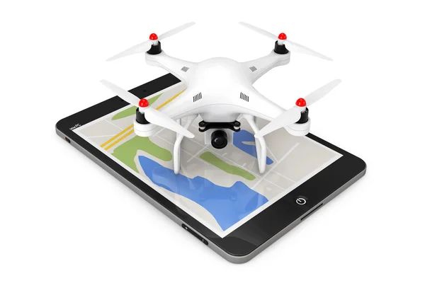 Drone Quadrocopter blanc avec appareil photo sur tablette PC. 3d Re — Photo