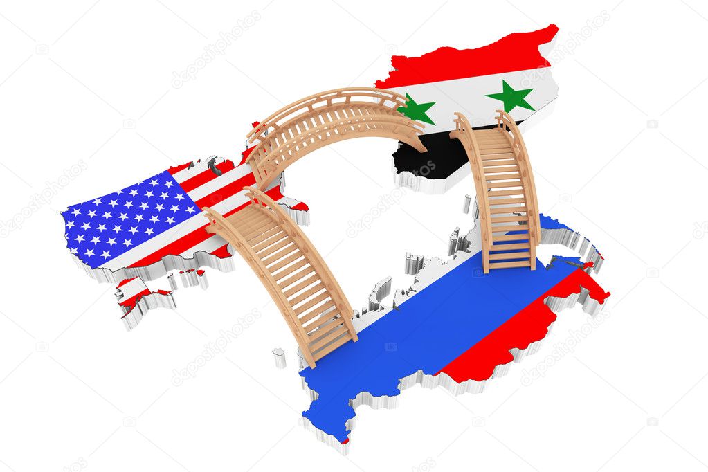 Bridges between USA, Russia and Syria Maps. 3d Rendering