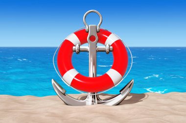 Lifebuoy üzerinde güneşli kumsalı ile deniz çapa. 3D render