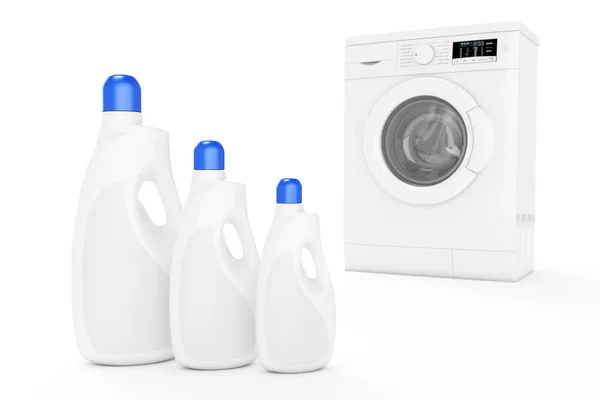 Máquina de lavar moderna com garrafas de detergente em branco. Renderin 3d — Fotografia de Stock
