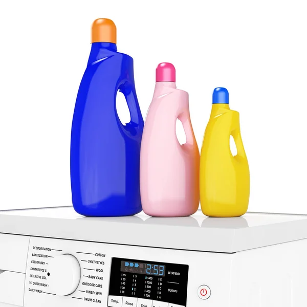 Garrafas de detergente de cor sobre a máquina de lavar moderna. Renderi 3d — Fotografia de Stock