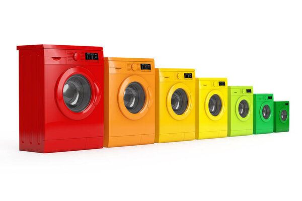 Washing Machines in Colours of Energy Efficiency Chart. 3d Rende