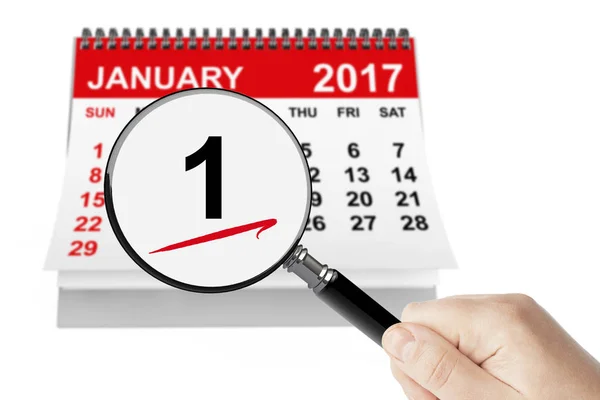 新年の日のコンセプトです。拡大鏡を 2017 年 1 月 1 日カレンダー — ストック写真