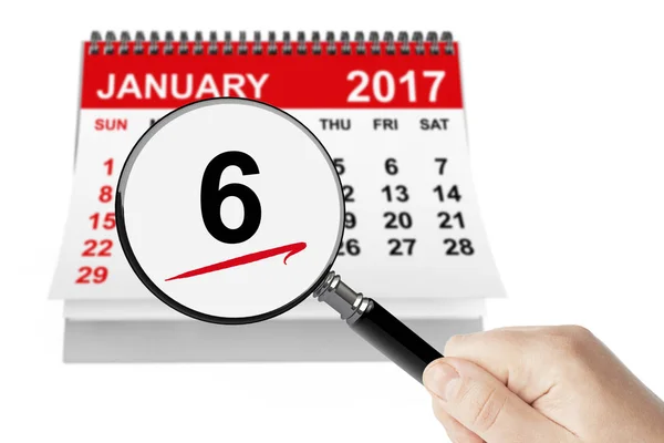 Epiphany Day Konzept. 6. Januar 2017 Kalender mit Lupe — Stockfoto