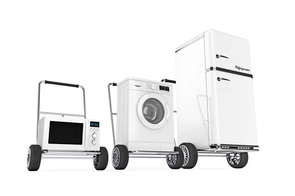Lednice, pračky a mikrovlnné trouby nad ruční vozíky. 3D R — Stock fotografie