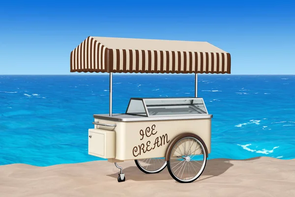 Carro de helados en la playa soleada de arena. Renderizado 3d — Foto de Stock